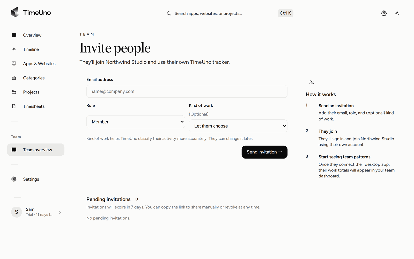 The Invite people page with email, role and kind of work, and the pending invitations list