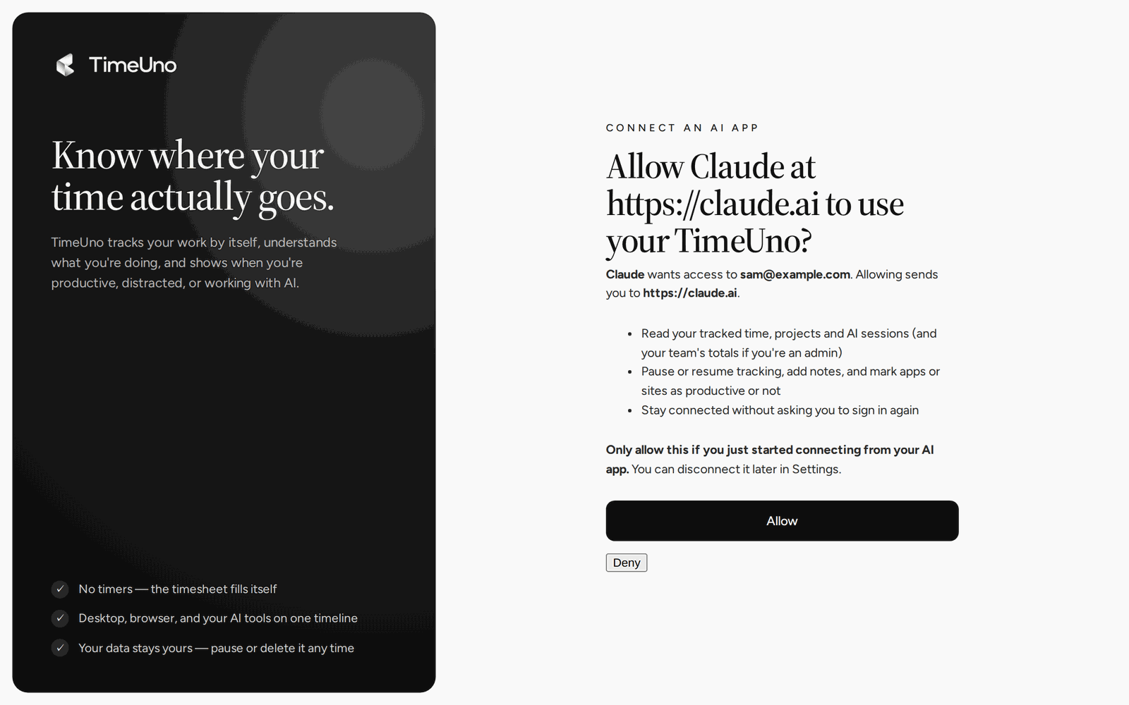 The Connect an AI app page: Allow Claude at https://claude.ai to use your TimeUno?, the permissions it asks for, and Allow or Deny