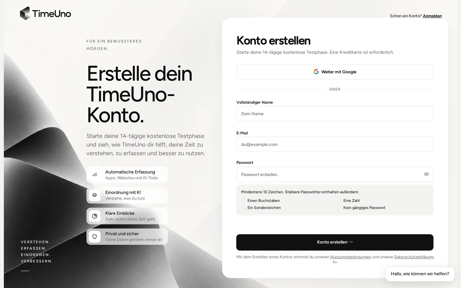 Die Seite „Konto erstellen“ mit „Weiter mit Google“ sowie Feldern für Name, E-Mail und Passwort