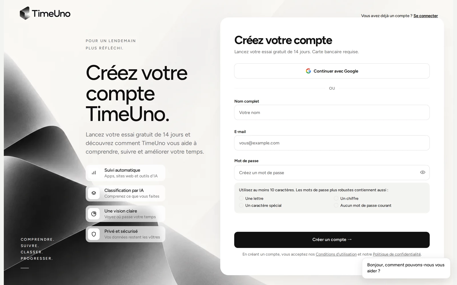 La page de création de compte, avec Continuer avec Google et les champs nom, e-mail et mot de passe